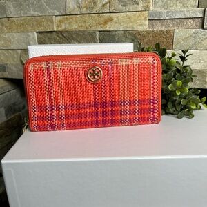 Tory Burch Coral-Pink-Fuchsia Plaid Women's Zip Around Wallet